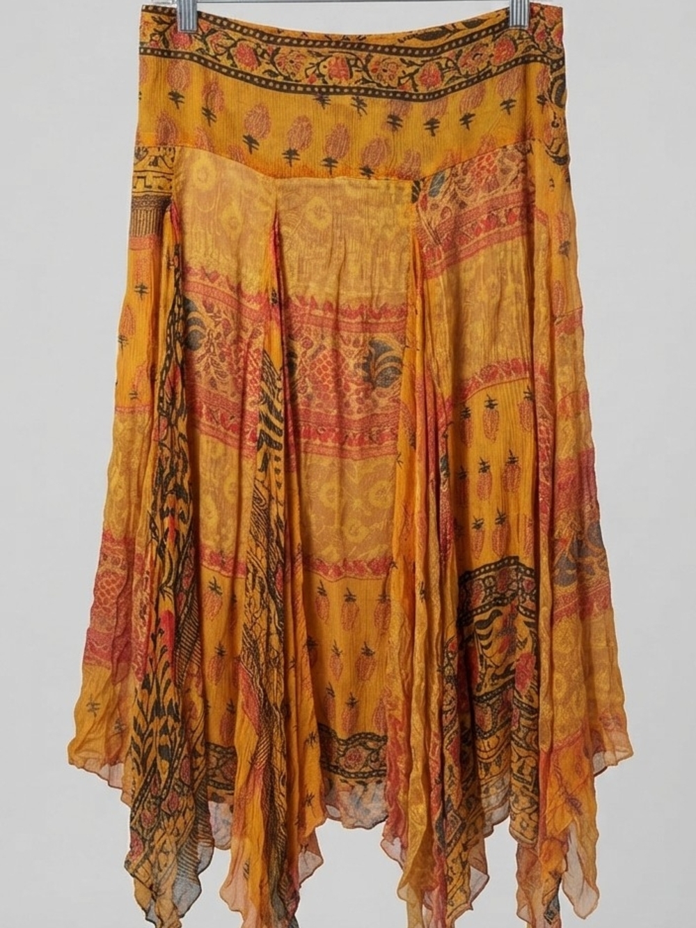 Zara Yellow and Orange Handkerchief-Hem Boho Maxi Skirt